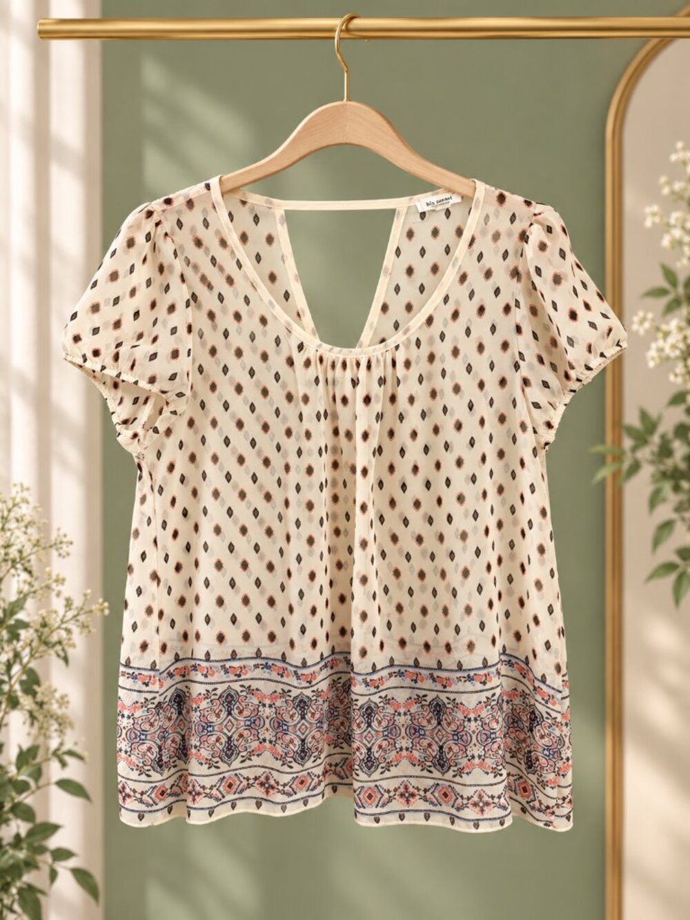 Blu Pepper Boho Paisley Border Print Sheer Peasant Blouse Size M